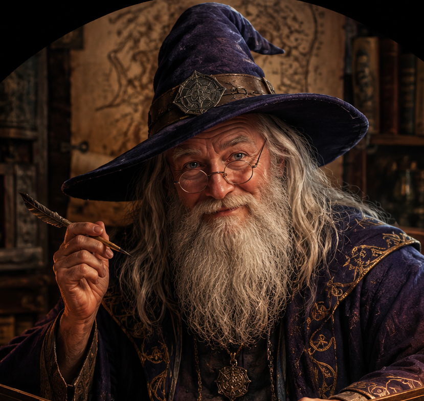 The house-style wizard in robes and pointed hat